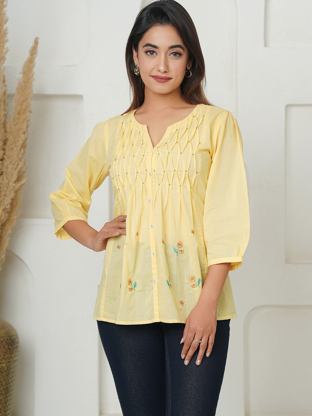 

JAIPURIBANNO Floral Print Puff Sleeves Cotton Top, Yellow