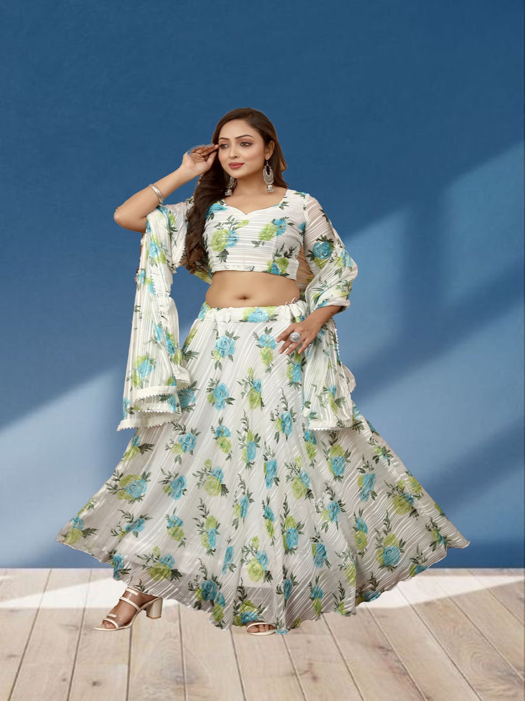 

N ENTERPRISE Printed Gotta Patti Semi-Stitched Lehenga & Unstitched Blouse With Dupatta, White