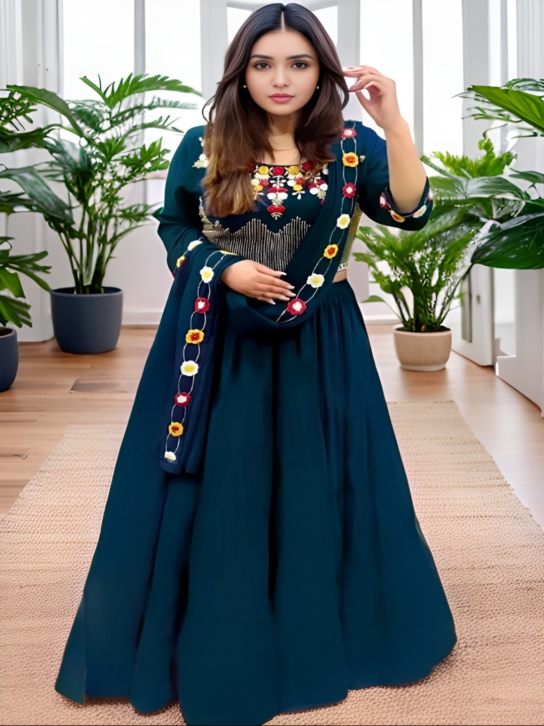 

MADHUR HAND WORK ART Thread Work Semi-Stitched Lehenga & Unstitched Blouse With Dupatta, Navy blue