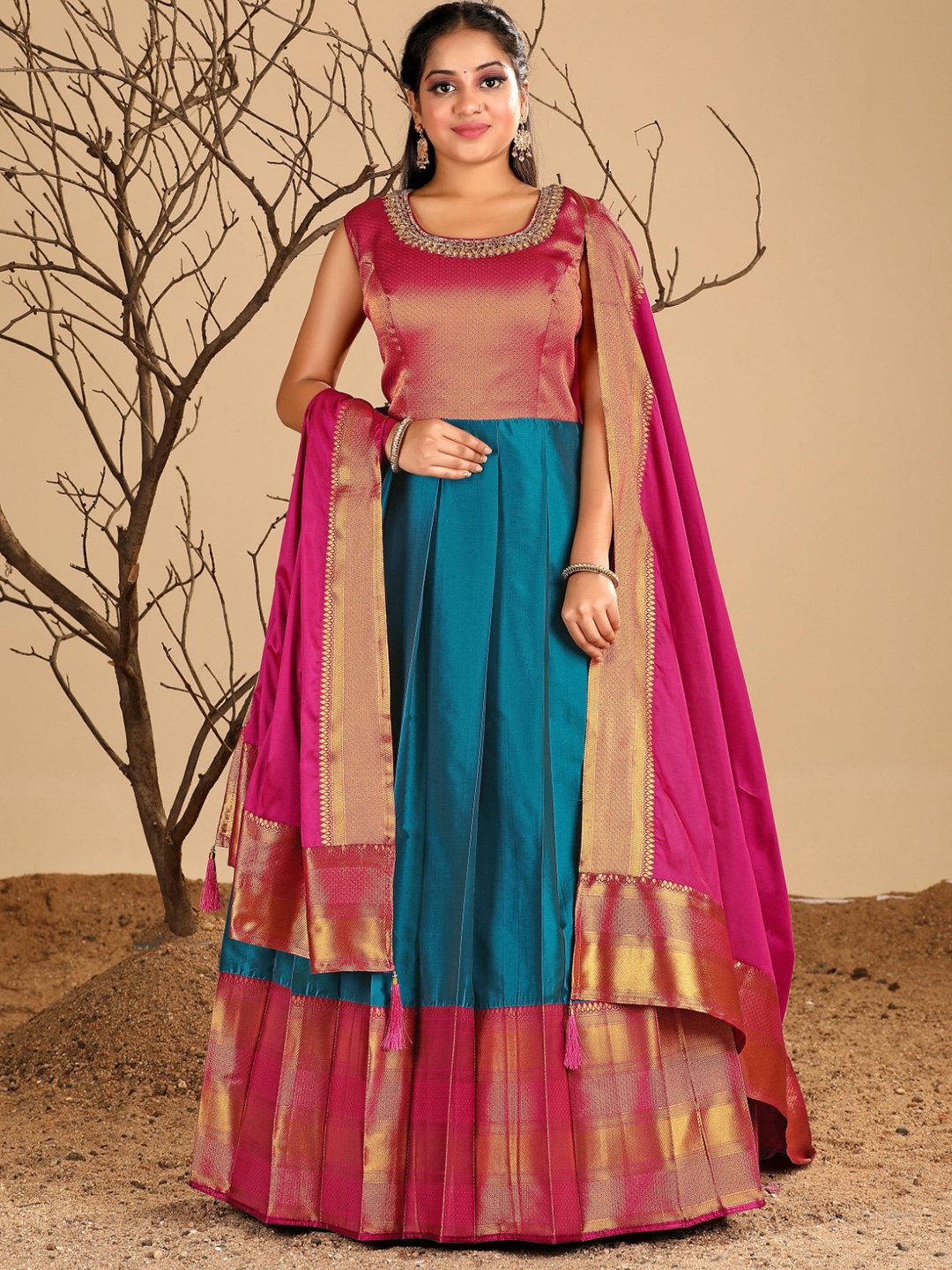 

ODETTE Women Banarasi Woven Design Ethnic Dress With Dupatta, Pink