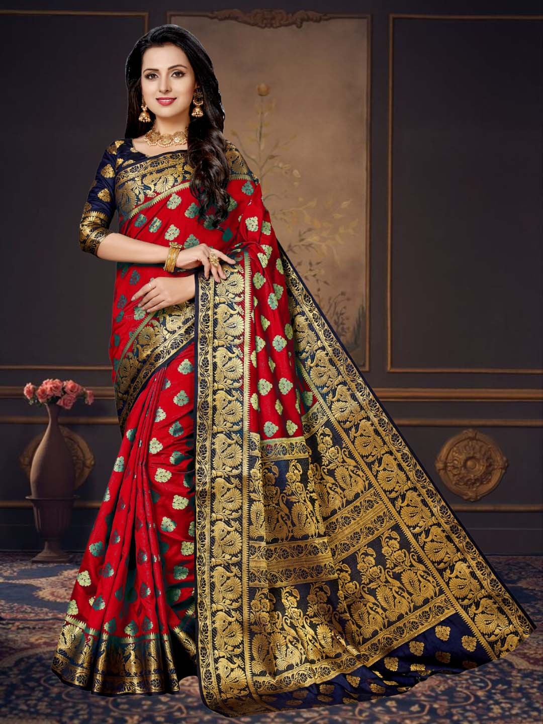 

Mitera Ethnic Motifs Woven Design Kanjeevaram Saree, Red