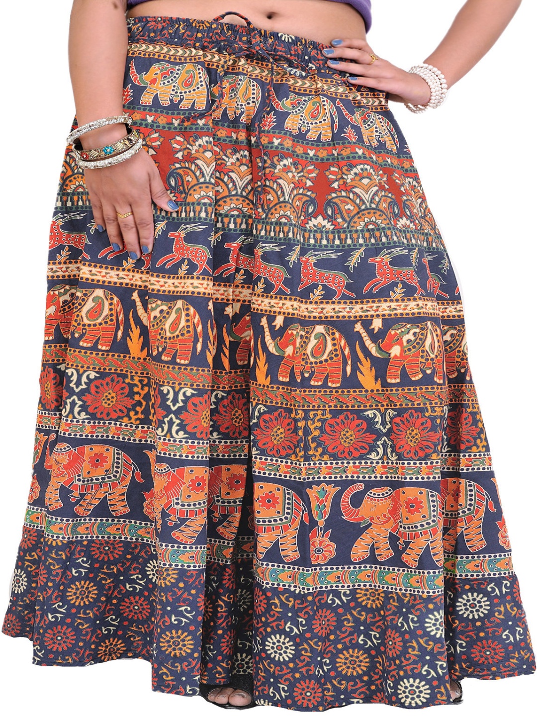 

Exotic India Printed Pure Cotton A-Line Maxi Skirts, Blue