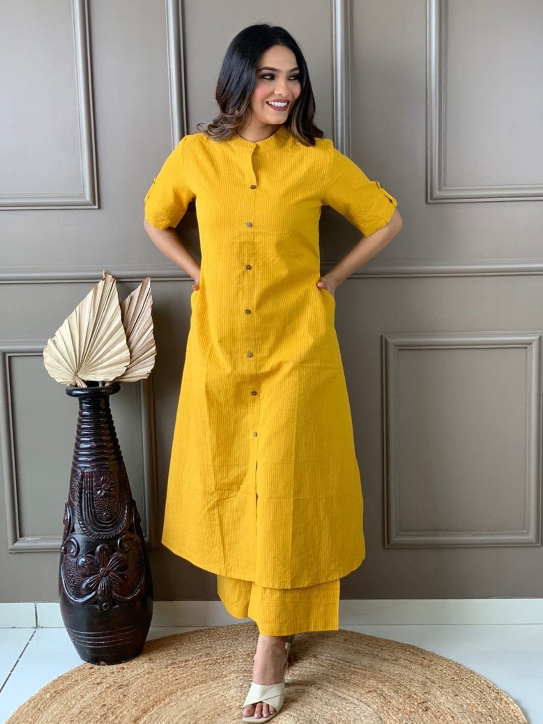 

SIJOPA Women Striped Regular Kantha Work Pure Cotton Kurta with Palazzos, Yellow
