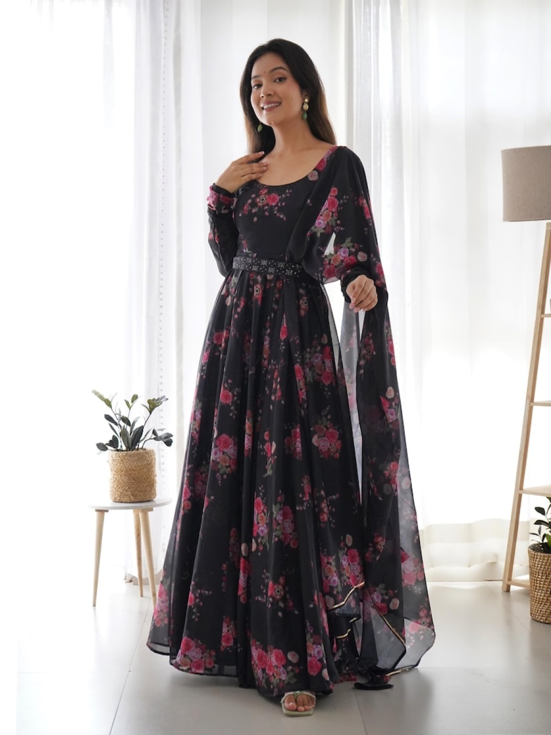 

BAESD Floral Print Georgette Maxi Dress, Black