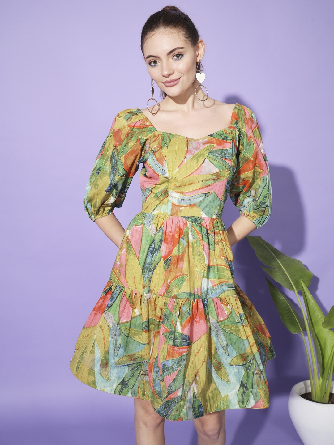 

BAESD Women Floral Print Puff Sleeve Fit & Flare Dress, Green
