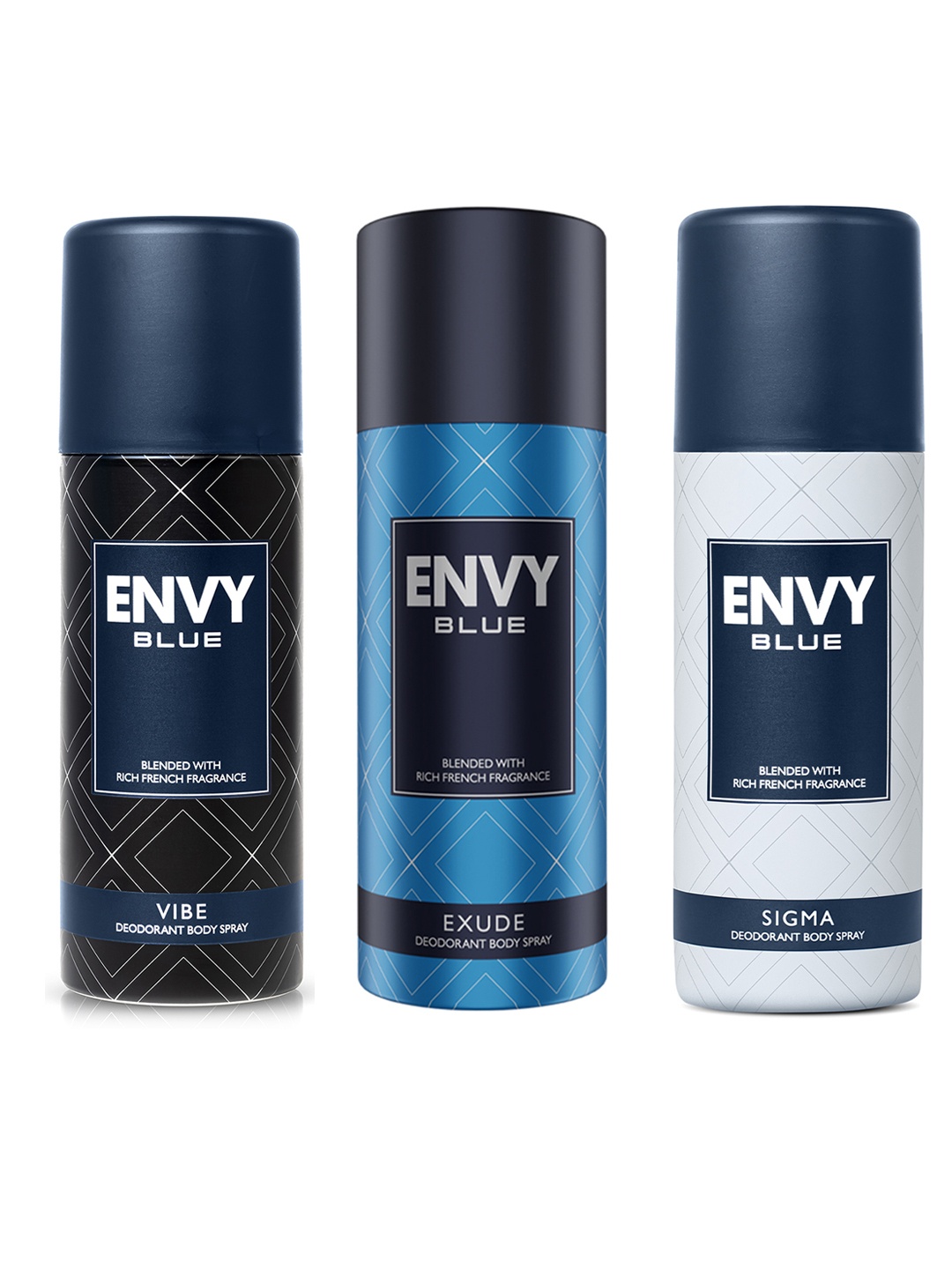 

Envy Men Set of 3 Blue Long Lasting Deodorant Spray 165 ml each - Sigma + Exude + Vibe, Grey