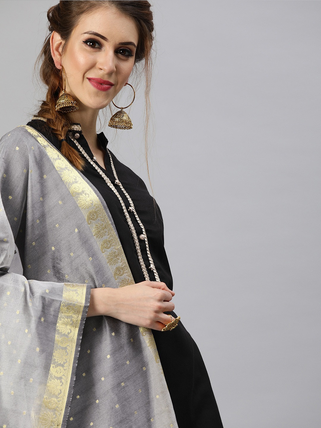 

Tulsattva Mandarin Collar Regular Pure Cotton Straight Kurta with Palazzos & With Dupatta, Black