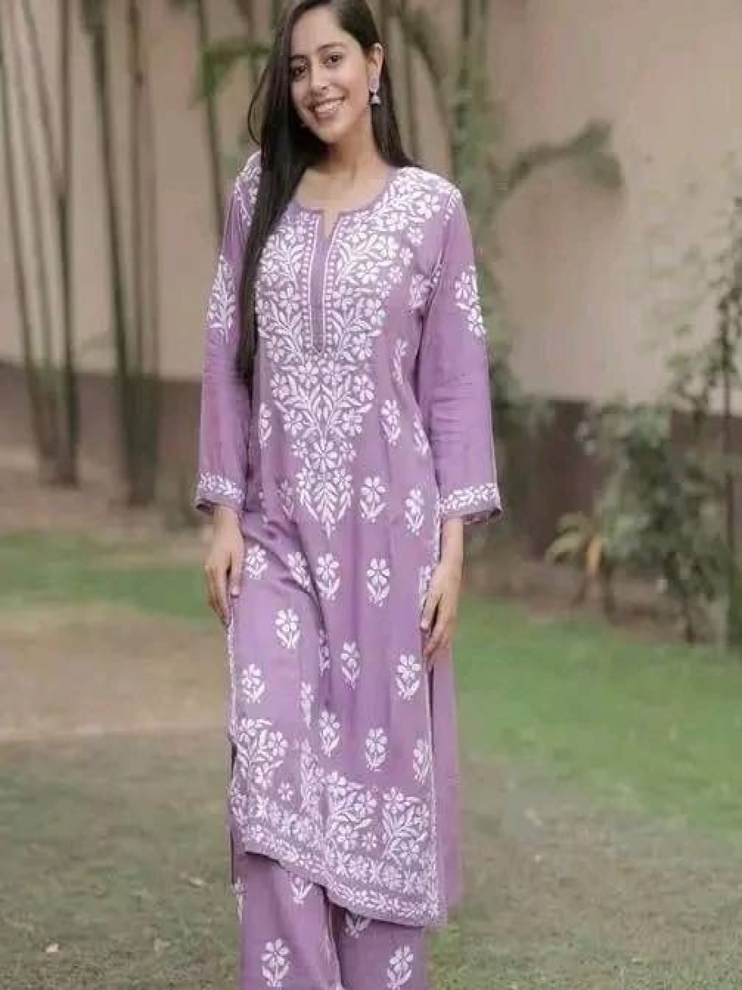 

Rujave Women Floral Embroidered Regular Chikankari Kurta with Palazzos, Purple