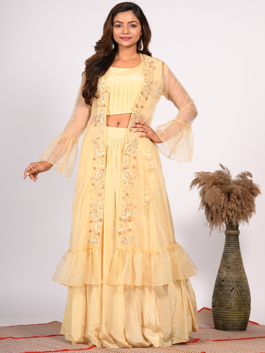 

Morchari Embroidered Crop Top With Maxi Skirt Co-Ords, Yellow