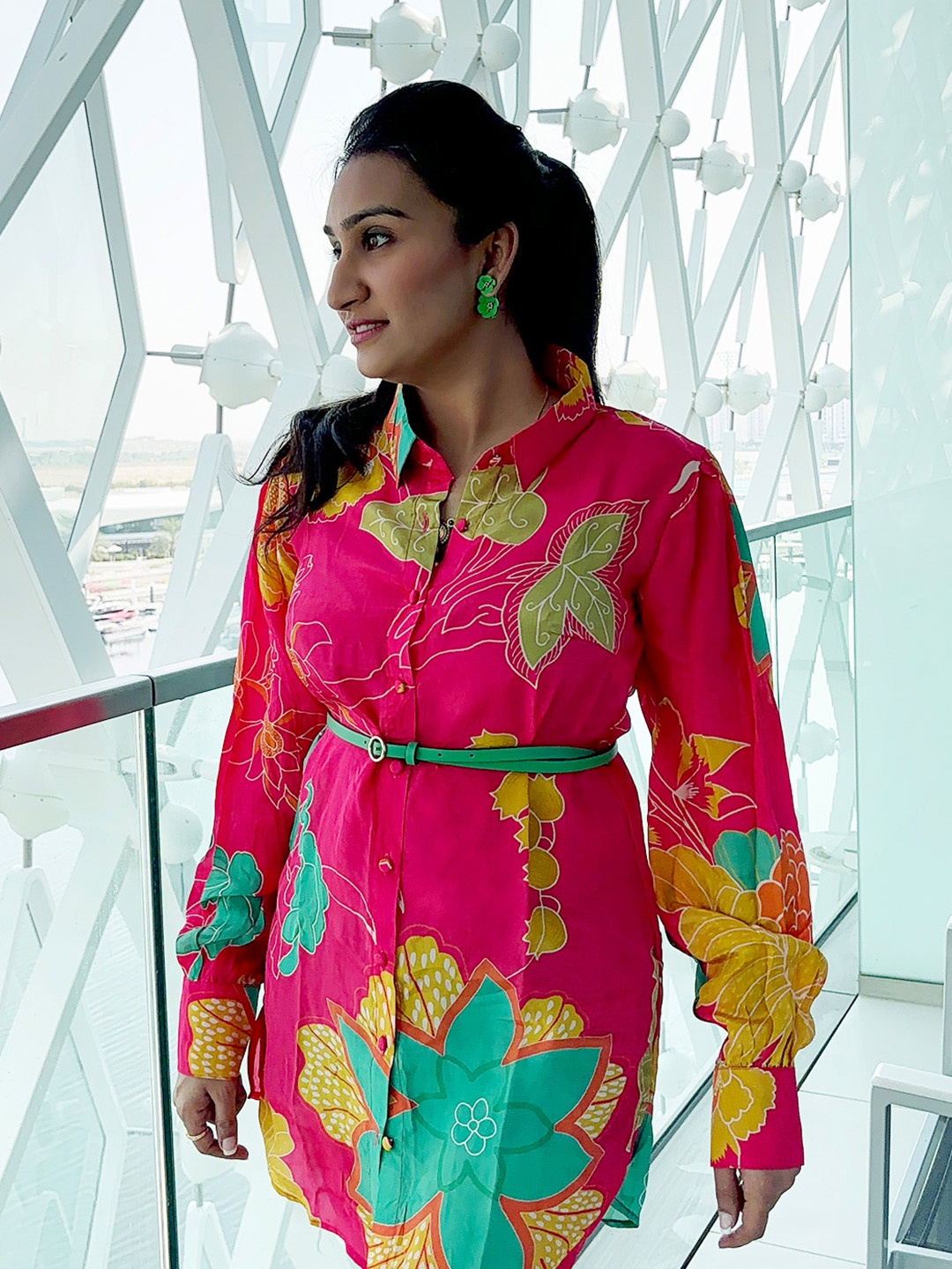 

AKS Couture Floral Print Crepe Shirt Dress, Red