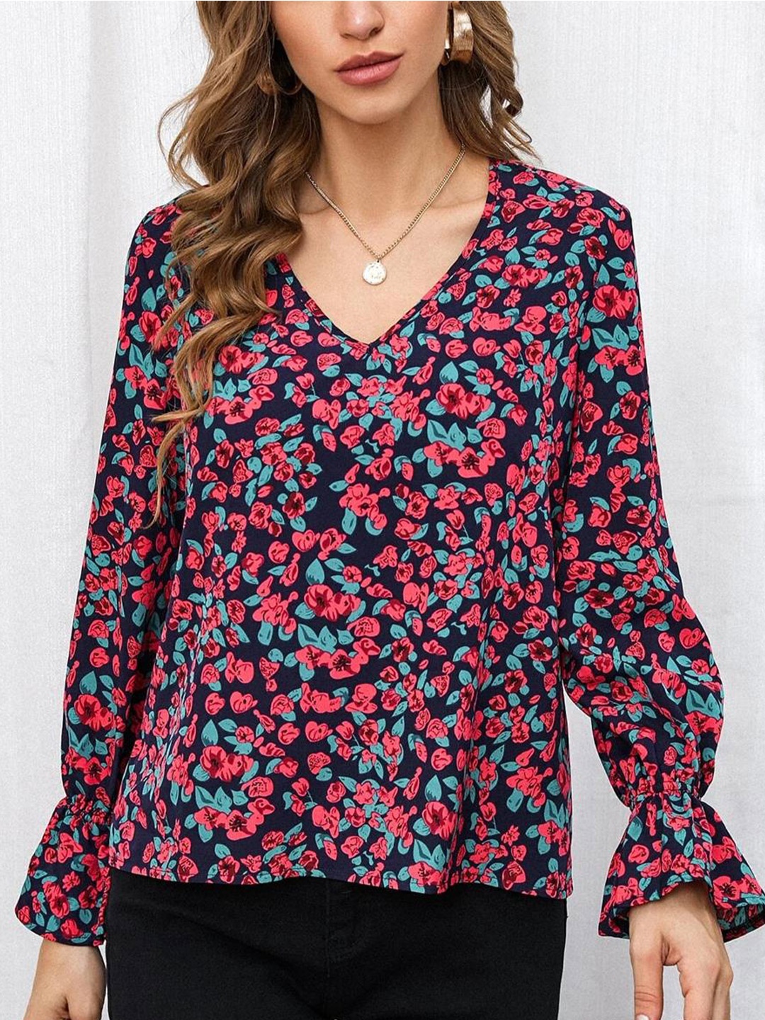 

Kotty Floral Print Bell Sleeve Crepe Top, Multi