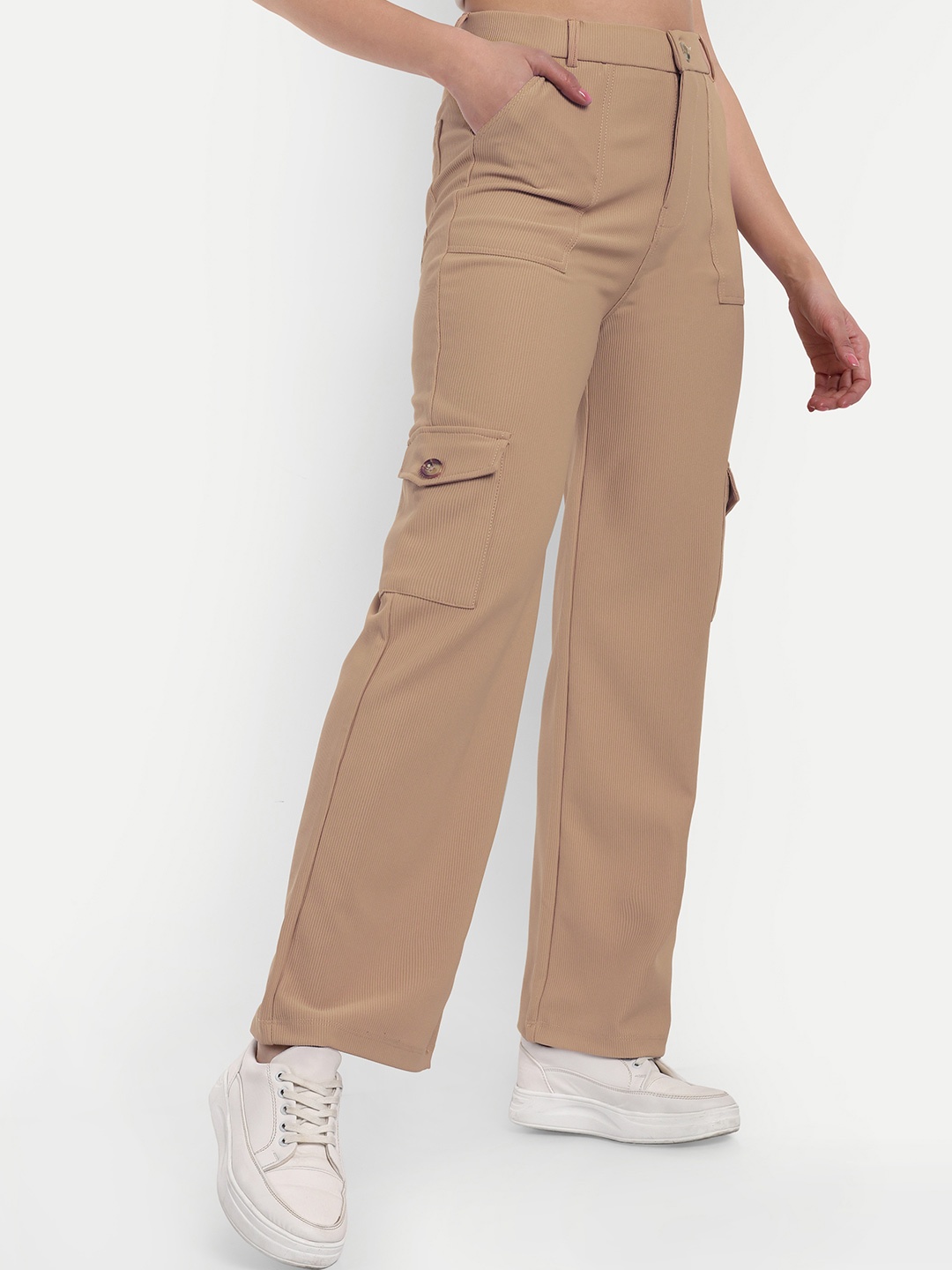 

Next One Women Smart Straight Fit High-Rise Easy Wash Corduroy Trousers, Beige
