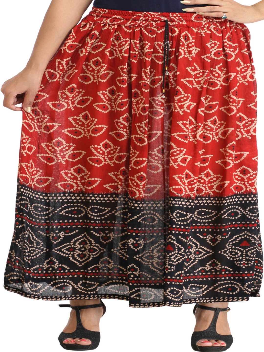 

Exotic India Bandhani Printed Maxi Flared Skirt, Red