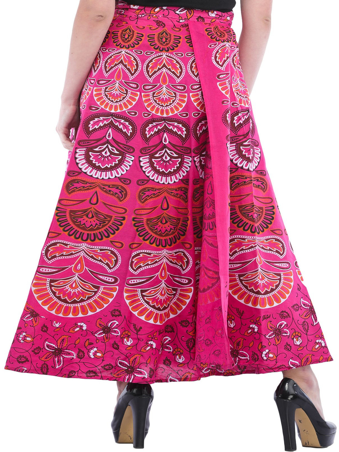

Exotic India Printed Pure Cotton Wrap Maxi Skirts, Pink