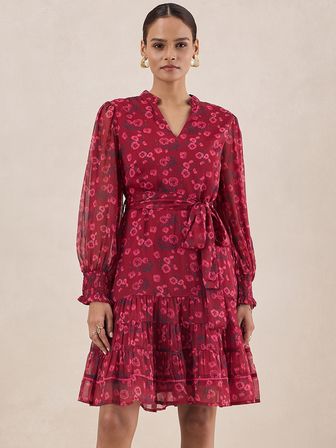 

FEMMELLA Floral Printed Puff Sleeves Mandarin Collar Tiered A-Line Dress, Red