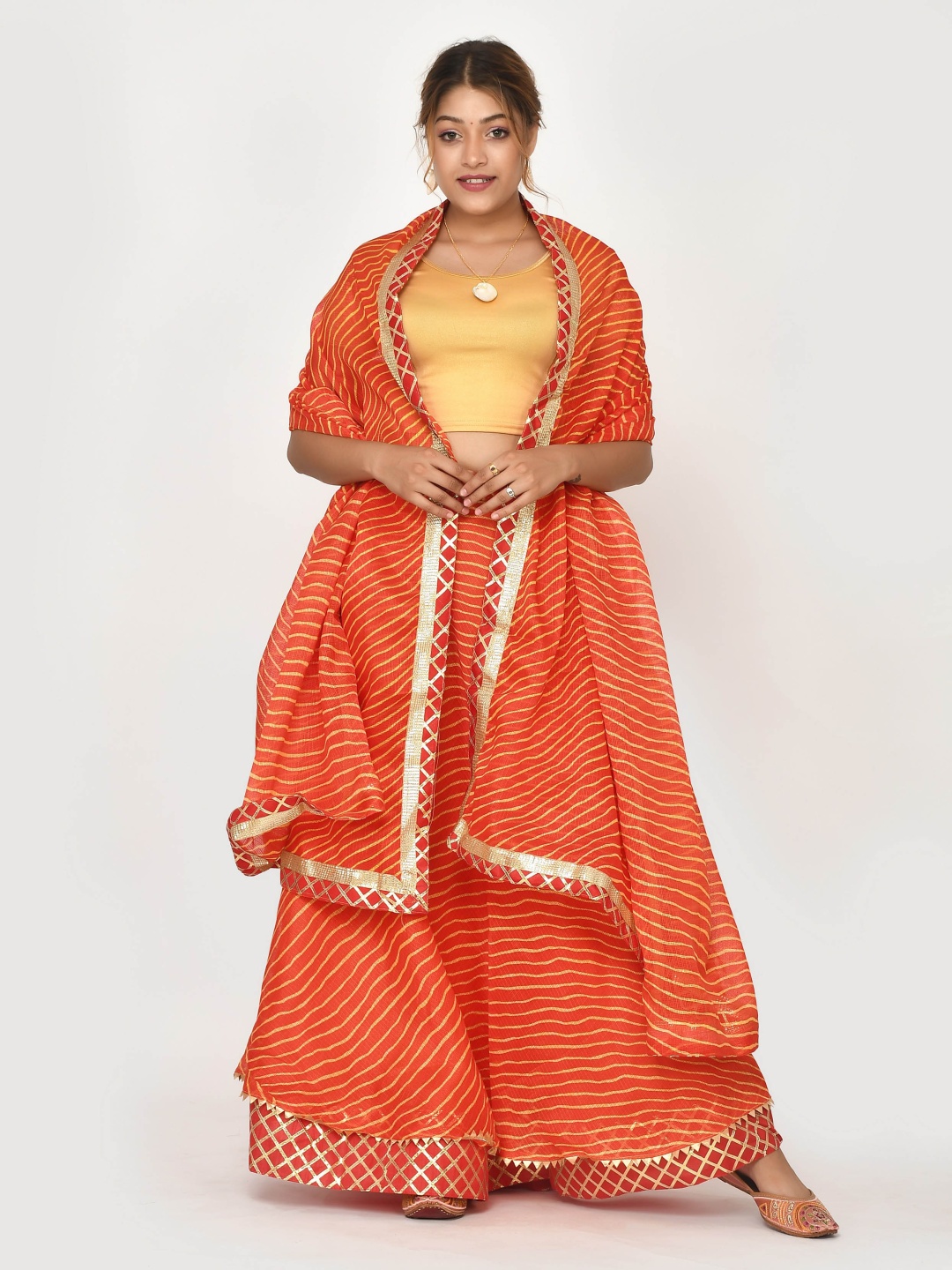 

Kesarya Leheriya Printed Ready to Wear Lehenga & Unstitched Blouse With Dupatta, Red