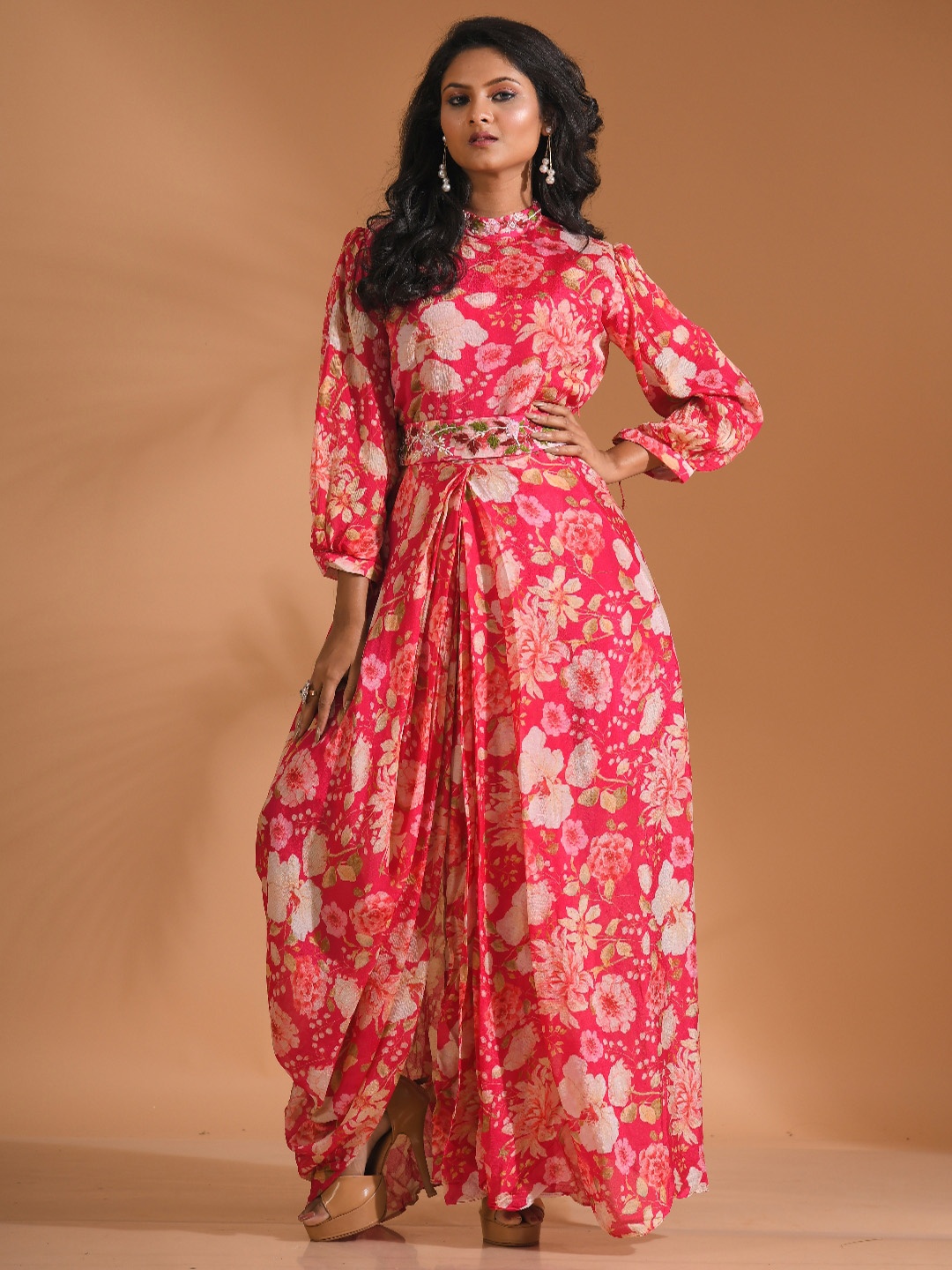 

Morchari Women Floral Printed Long Gown Dress, Pink