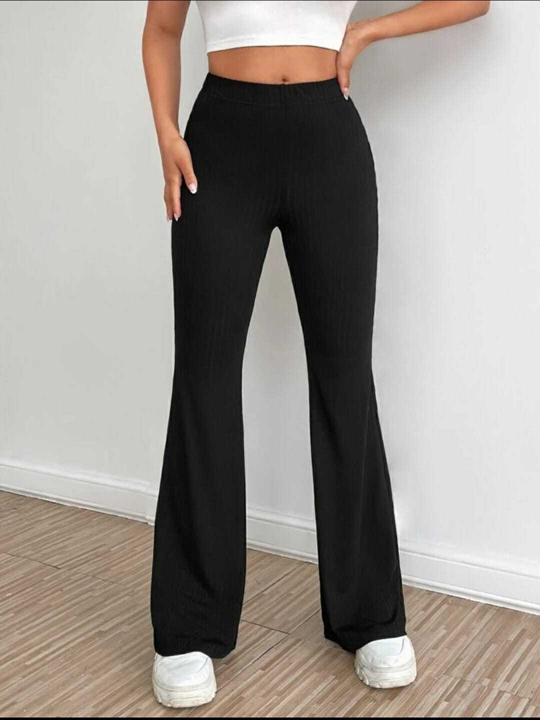 

BROADSTAR Women Striped Smart Flared High-Rise Easy Wash Trousers, Black