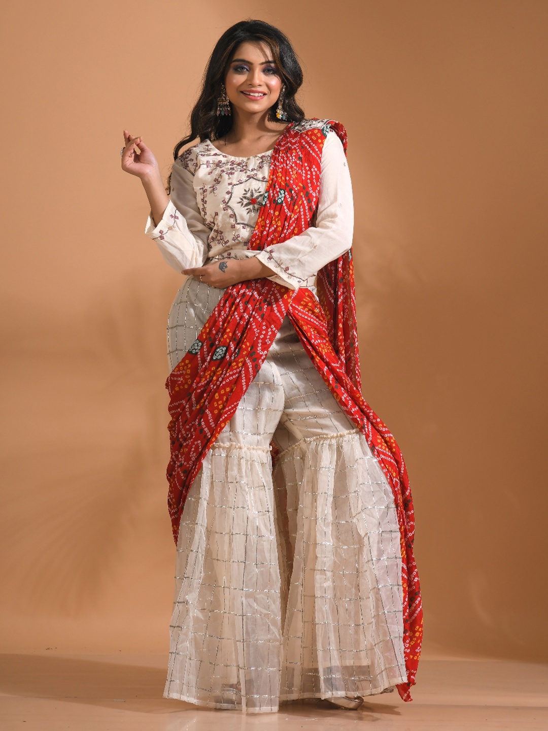 

Morchari Hand Embroidery Sharara Set Attached with Dupatta, Cream