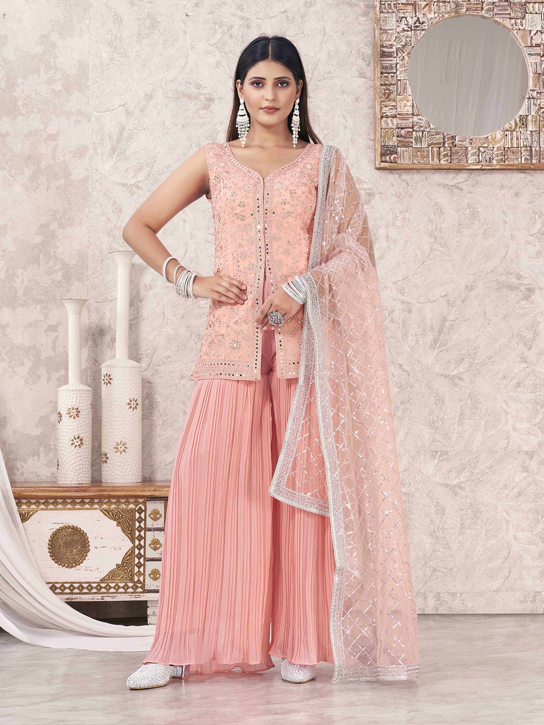 

flaher Ethnic Motifs Embroidered Regular Georgette Straight Kurti with Sharara & Dupatta, Peach