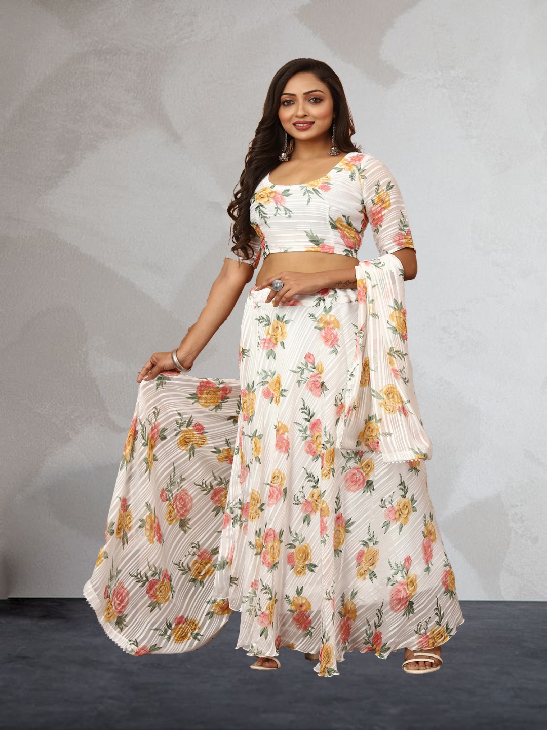 

N ENTERPRISE Printed Gotta Patti Semi-Stitched Lehenga & Unstitched Blouse With Dupatta, White