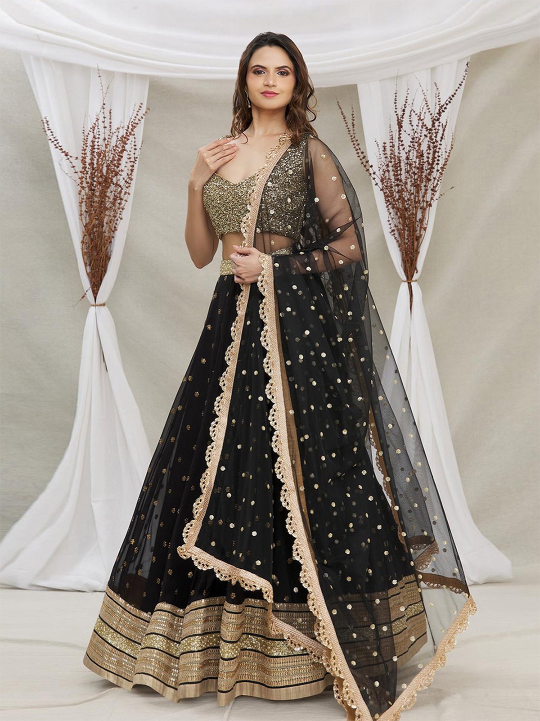 

ODETTE Embellished Sequinned Semi-Stitched Lehenga & Blouse With Dupatta, Black