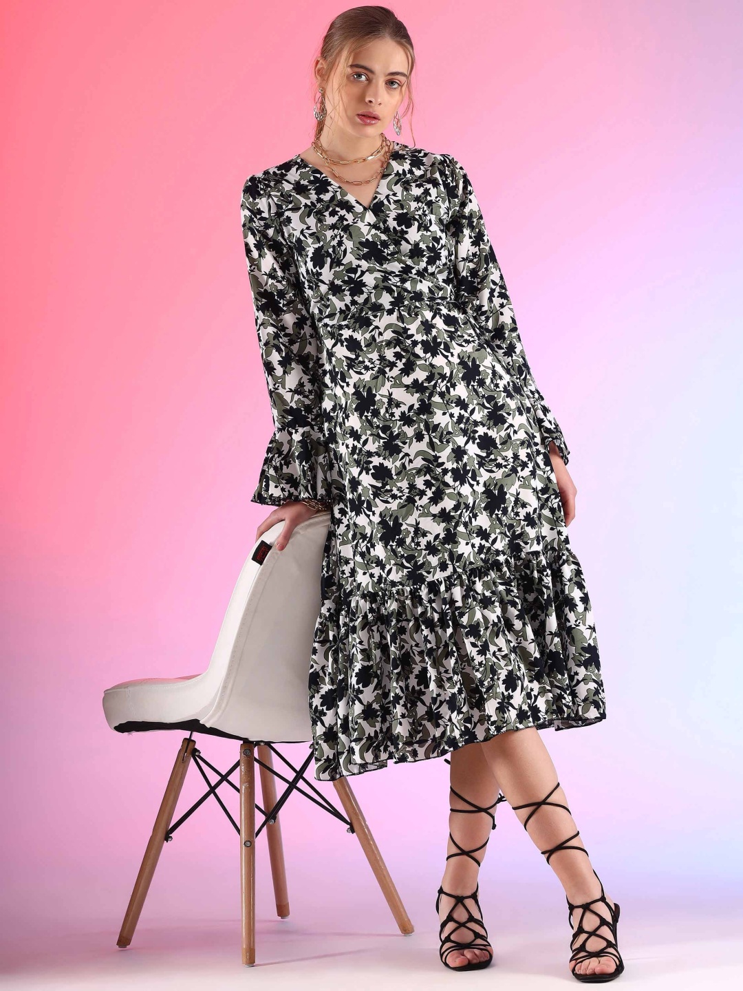 

SHEETAL Associates Floral Print Bell Sleeve A-Line Midi Dress, Multi