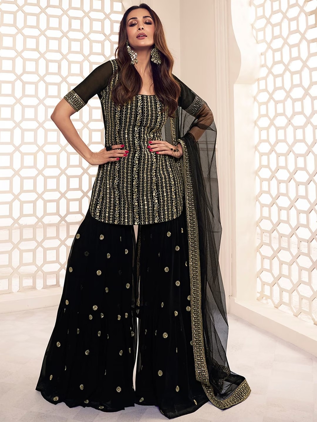 

Fashionuma Ethnic Motifs Embroidered Thread Work A-Line Kurti with Sharara & Dupatta, Black
