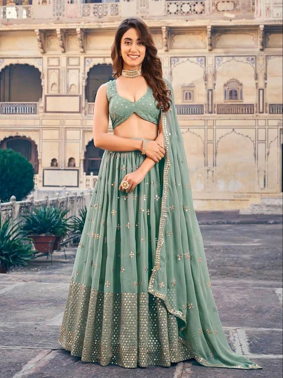 

KALINI Embroidered Sequinned Semi-Stitched Lehenga & Unstitched Blouse With Dupatta, Green