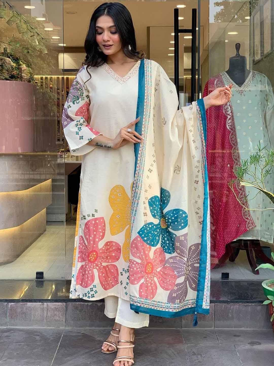 

KALINI Women Floral Printed Regular Kurta with Trousers & With Dupatta, White