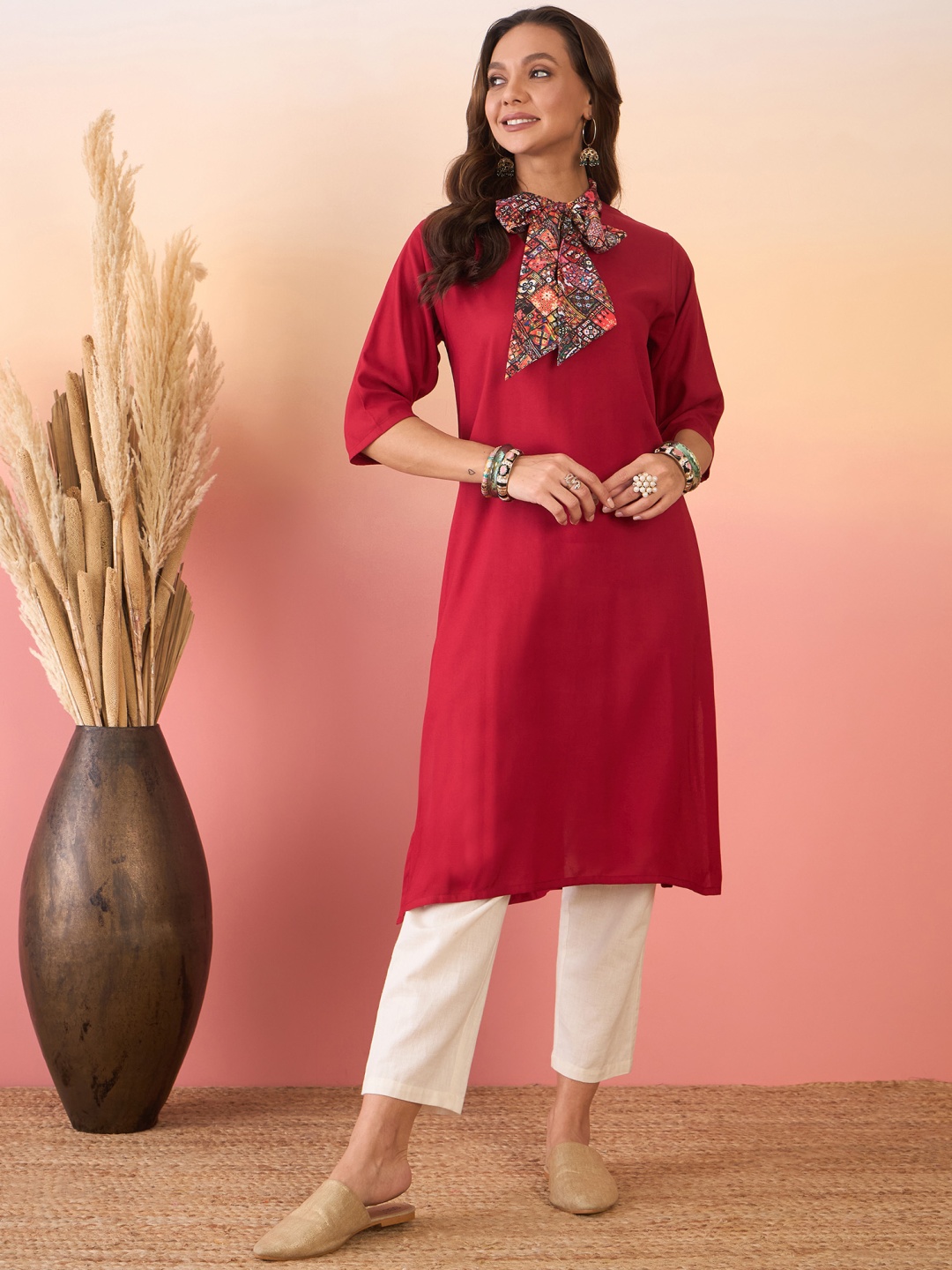 

Sangria Maroon Scarf-Tie V-Neck Straight Kurta