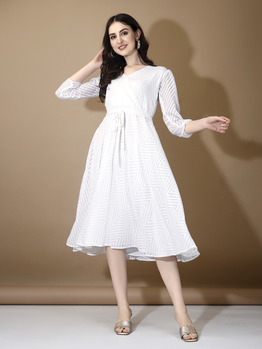 

Fashionuma Women Self Design V-Neck Georgette Fit and Flared Midi Dress, White