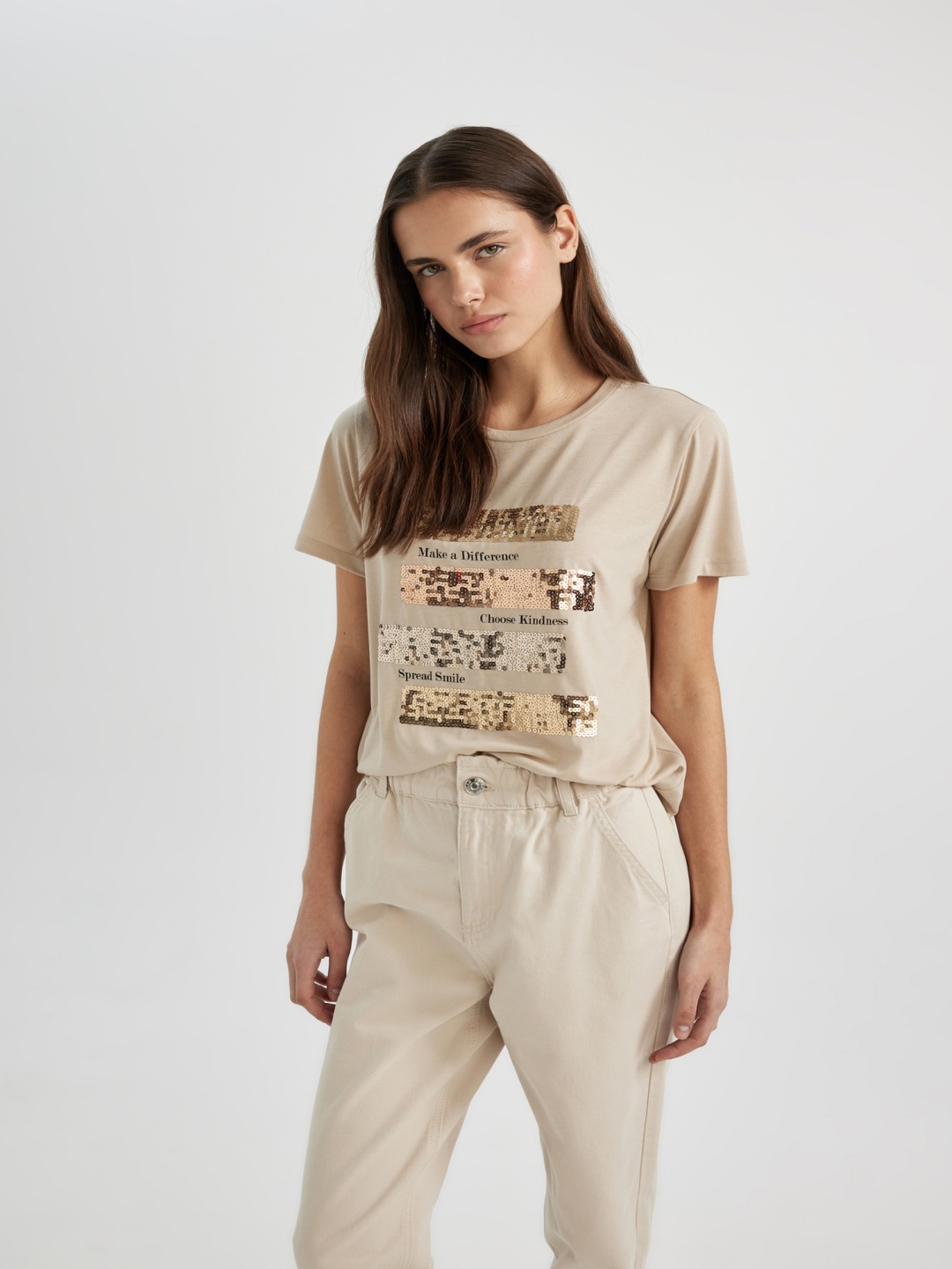 

DeFacto Typography Printed Round Neck Embellished Casual T-shirt, Beige