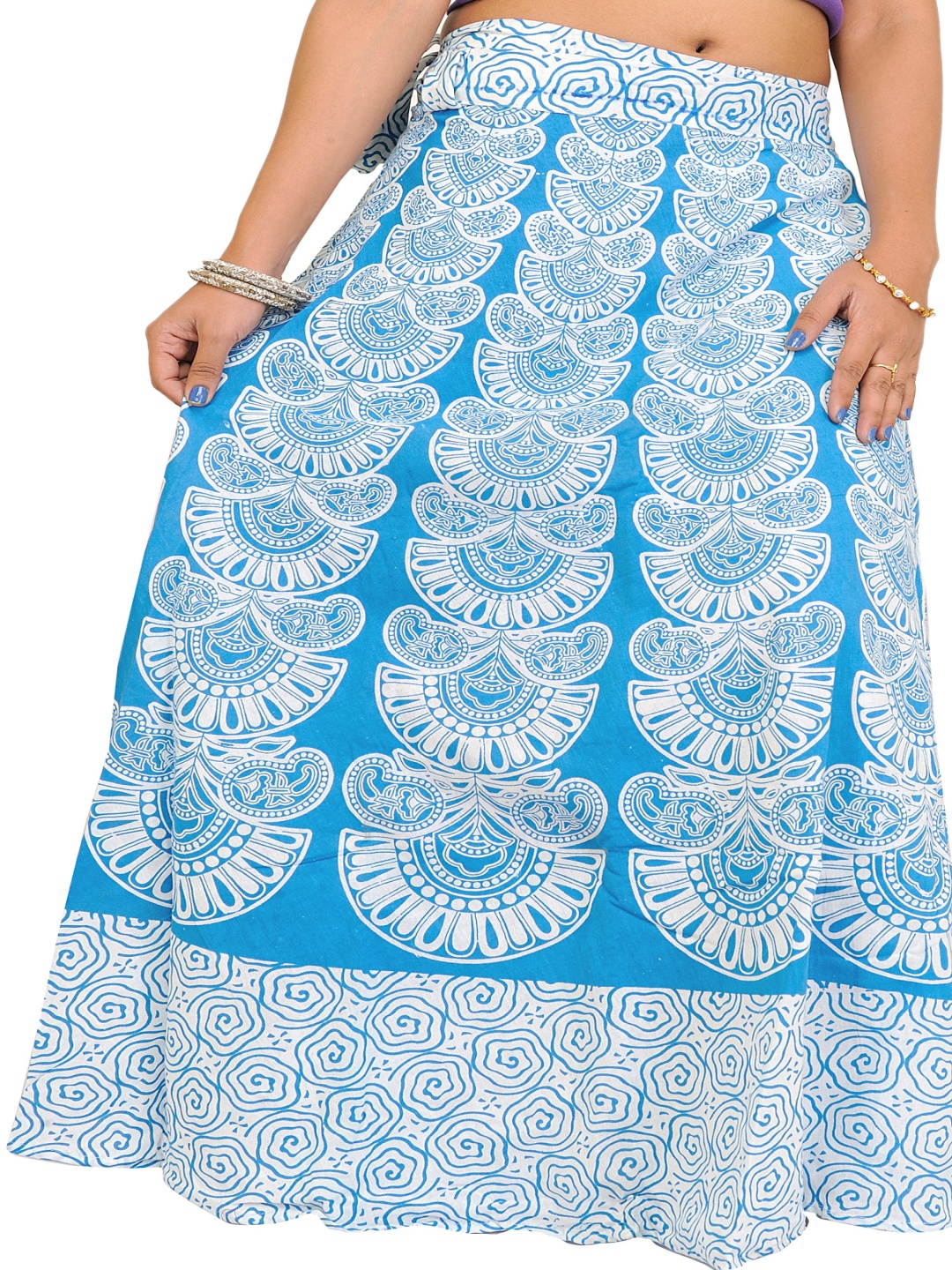 

Exotic India Printed Pure Cotton Storm-Wrap-Around Long Maxi Skirt, Blue
