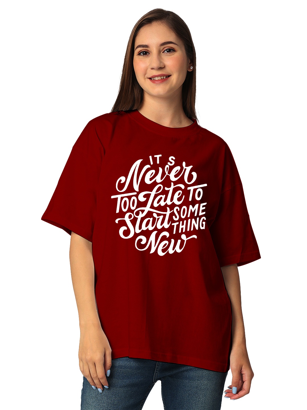 

STATUS MANTRA Women Typography Printed Bio Finish Applique T-shirt, Maroon