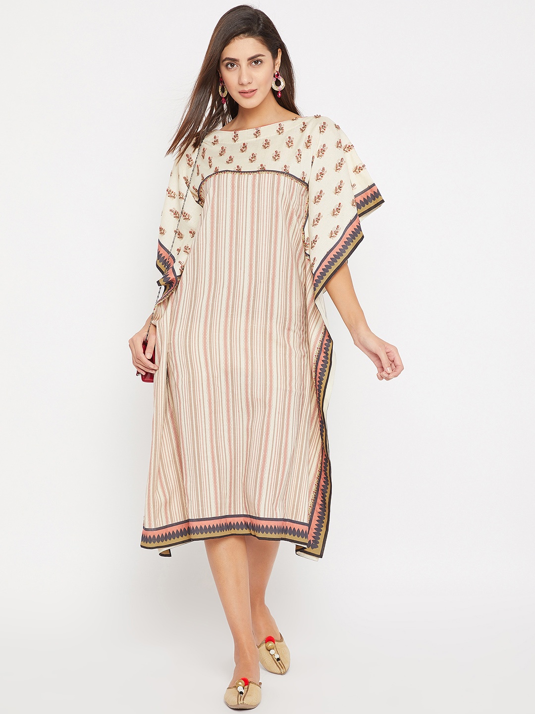 

The Kaftan Company Round Neck Striped Linen Kaftan Midi Dress, Beige