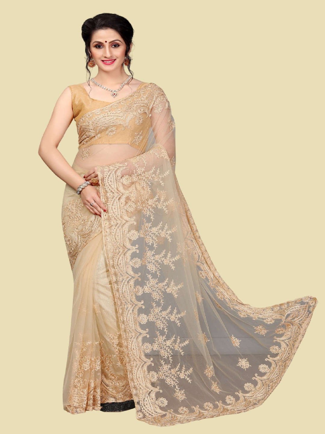 

LADY SHOPI Ethnic Motif Embroidered Saree, Beige