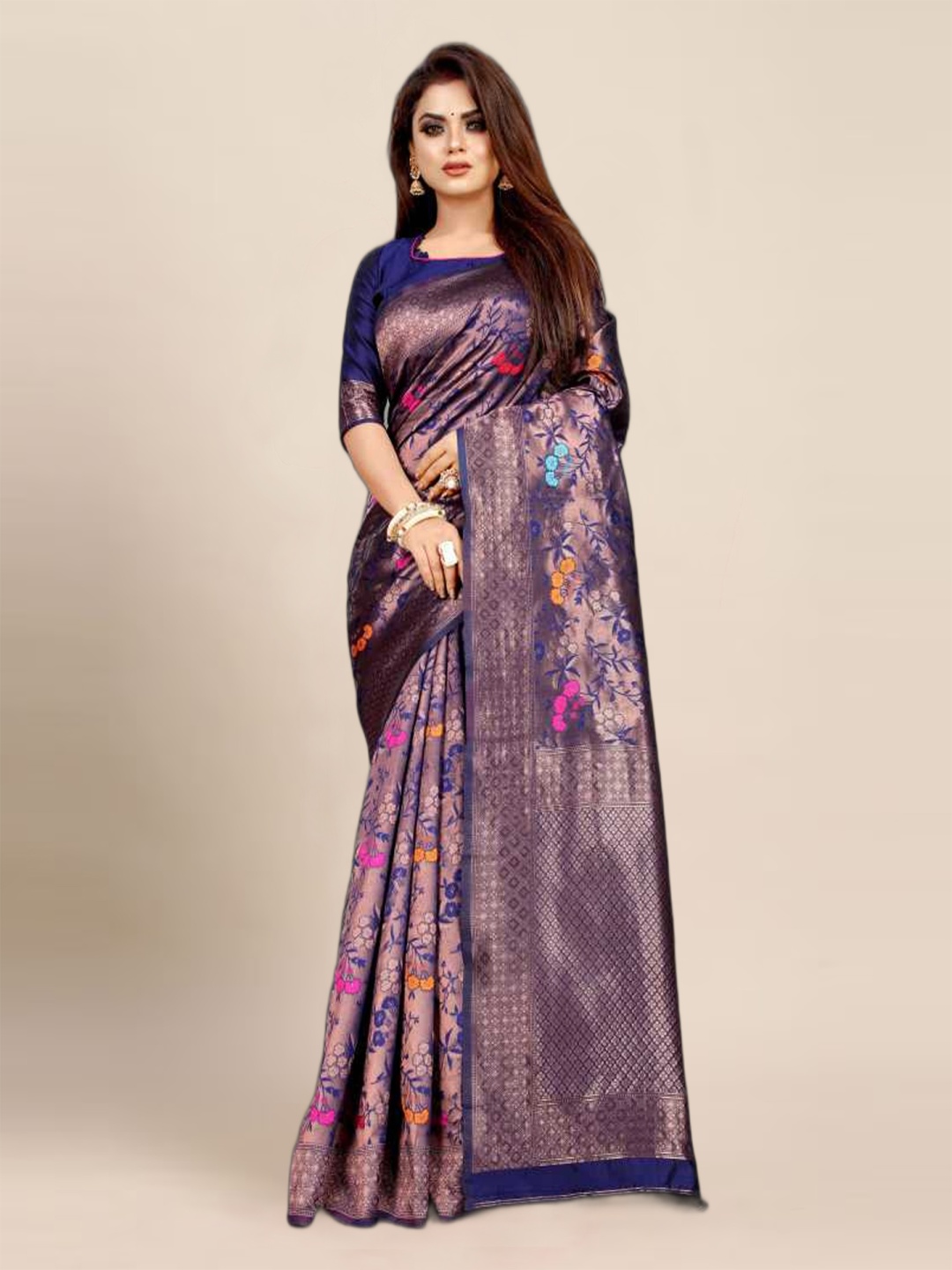 

Aldwych Floral Woven Design Silk Blend Banarasi Saree, Blue