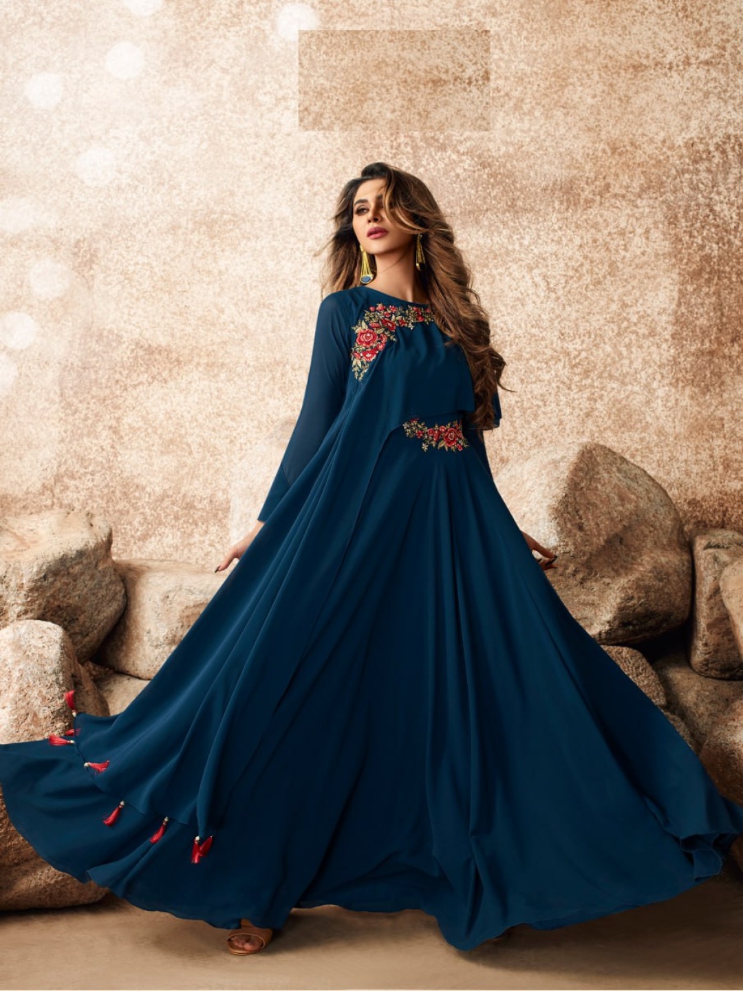 

Ethnic Yard Embroidered Round Neck Long Sleeves Gown Maxi Ethnic Dresses, Blue