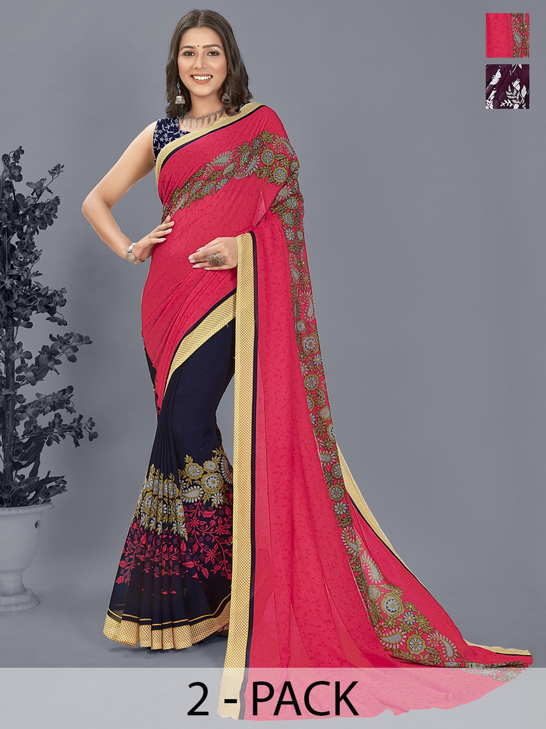 

ANAND SAREES Half and Half Ethnic Motif Pack of 2 Saree, Pink