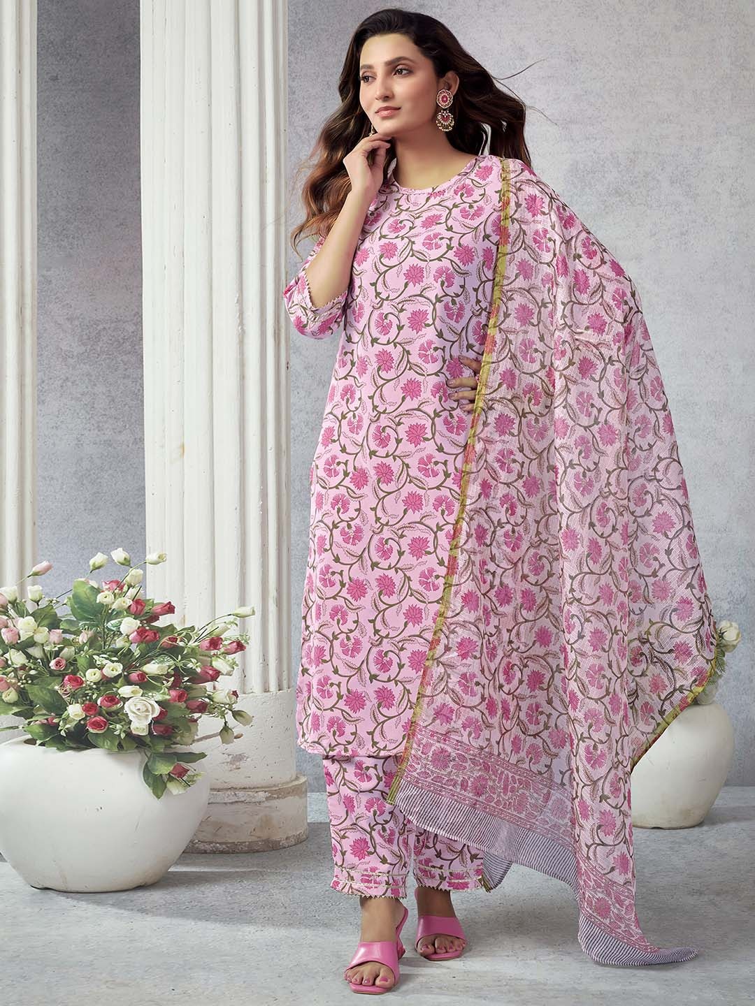 

SKYLEE Pink Floral Printed Round Neck Straight Kurta With Trousers & Dupatta