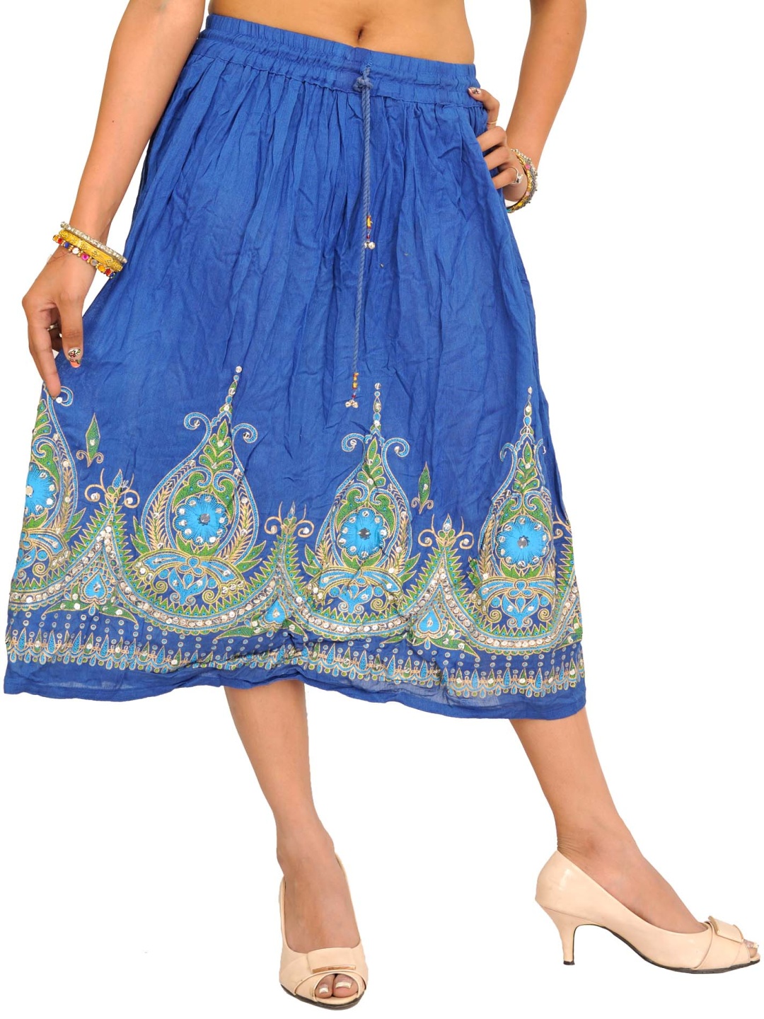 

Exotic India Floral Printed With Embellished Midi Skirt, Blue