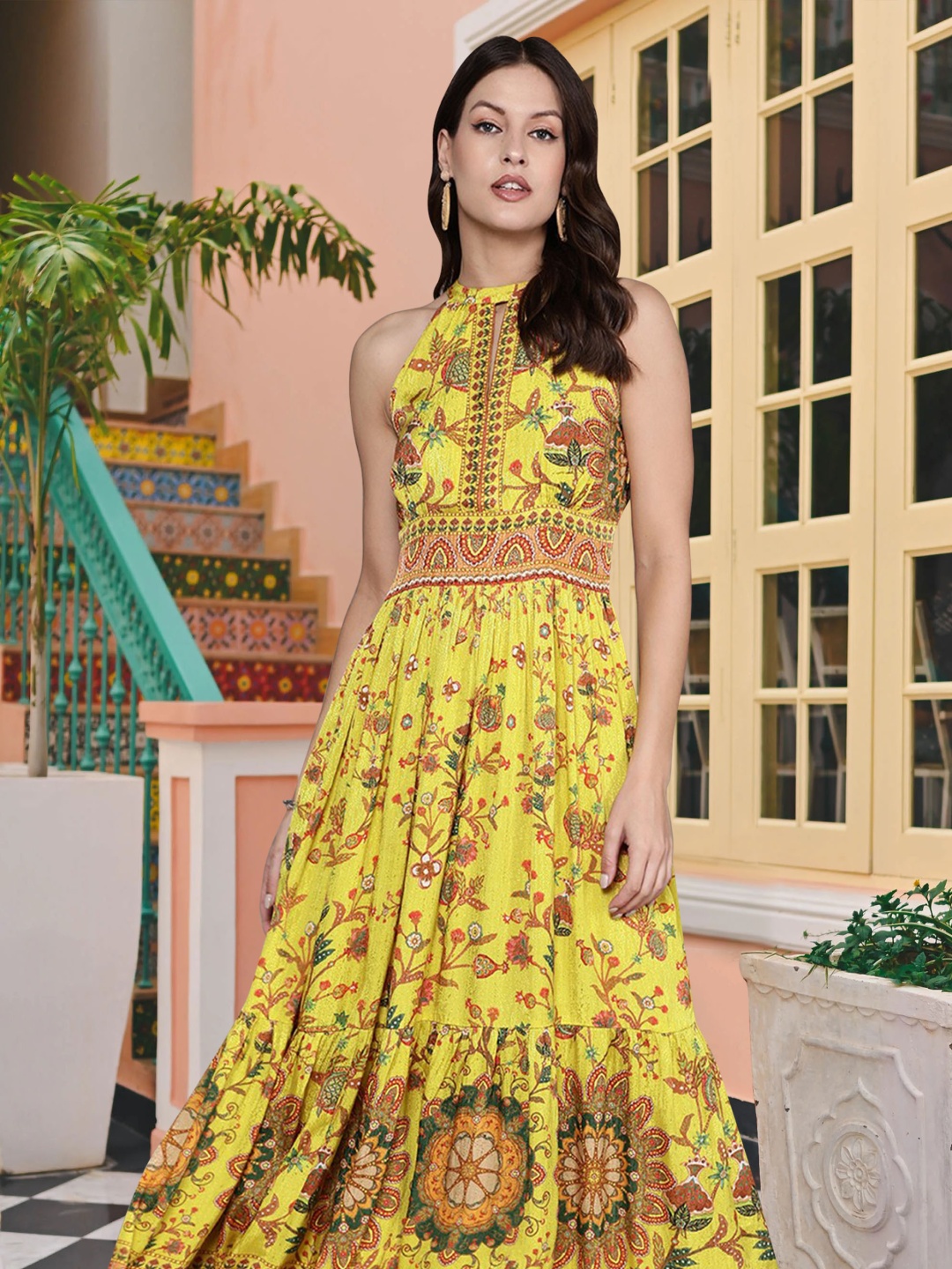 

MISS AYSE Women Floral Print Sleeveless Maxi Midi Dress, Yellow