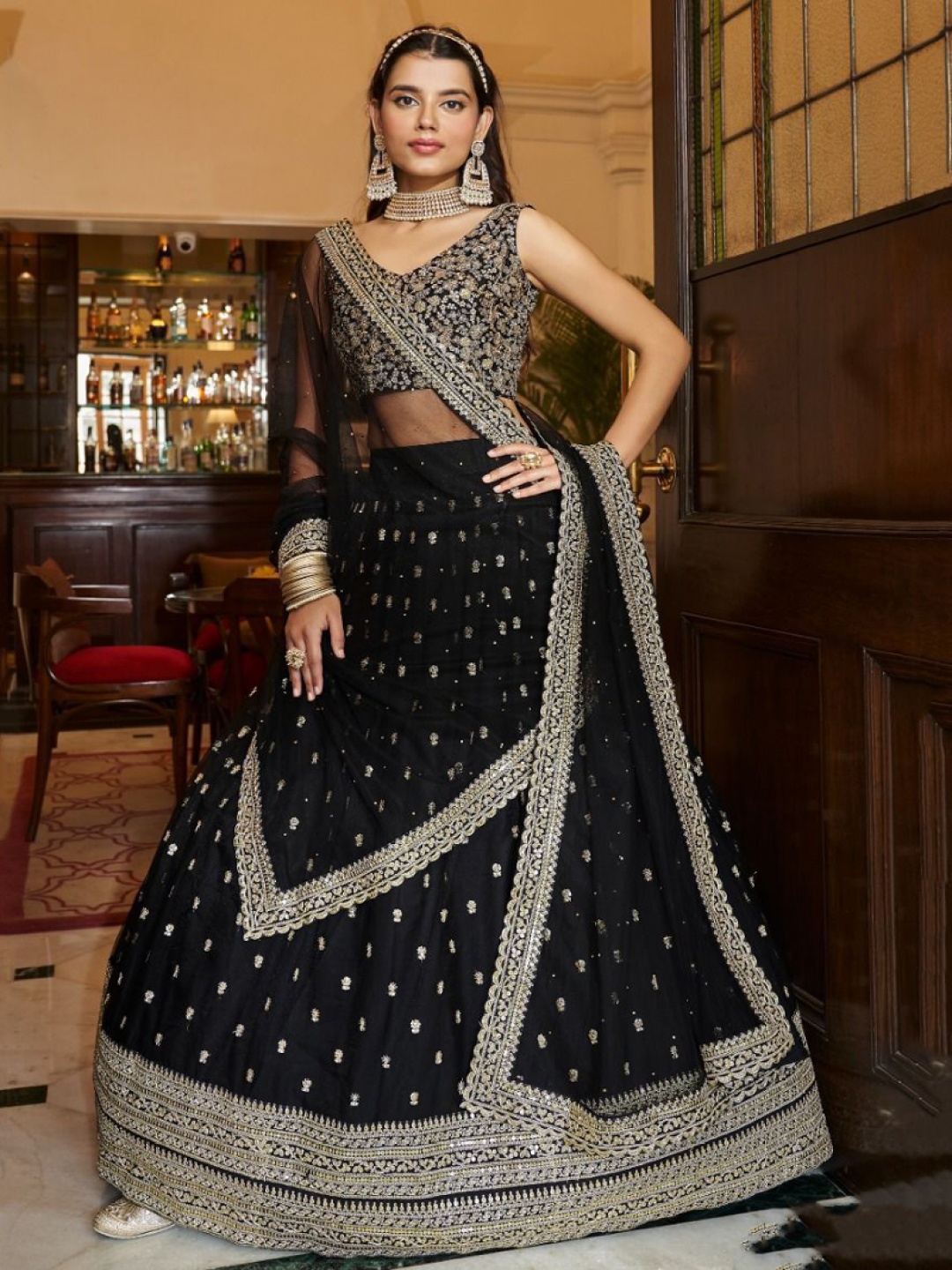 

ASISA Embroidered Thread Work Semi-Stitched Lehenga & Blouse With Dupatta, Black
