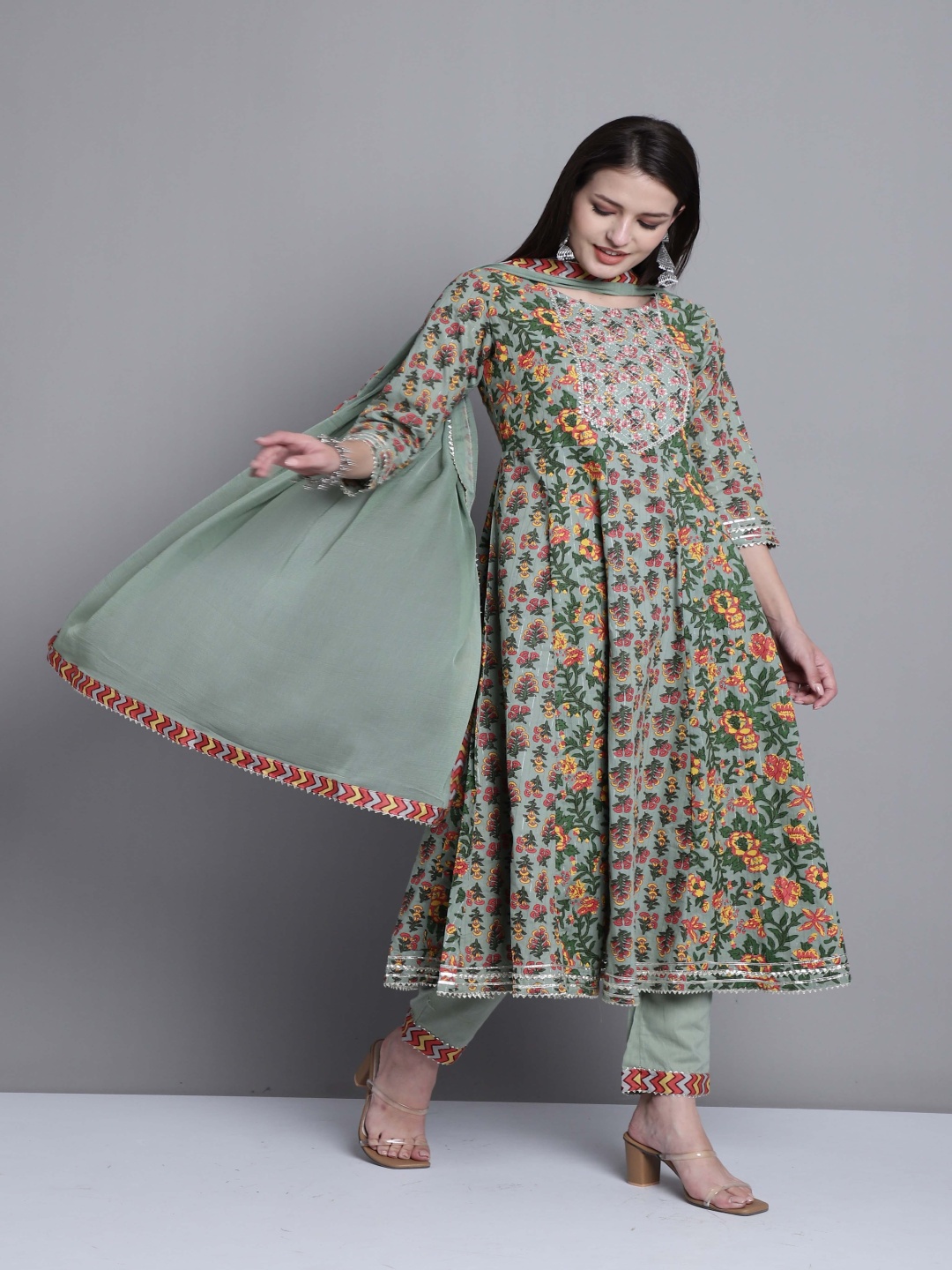 

KALINI Floral Printed Regular Mirror Work Pure Cotton Kurta With Trousers & Dupatta, Green