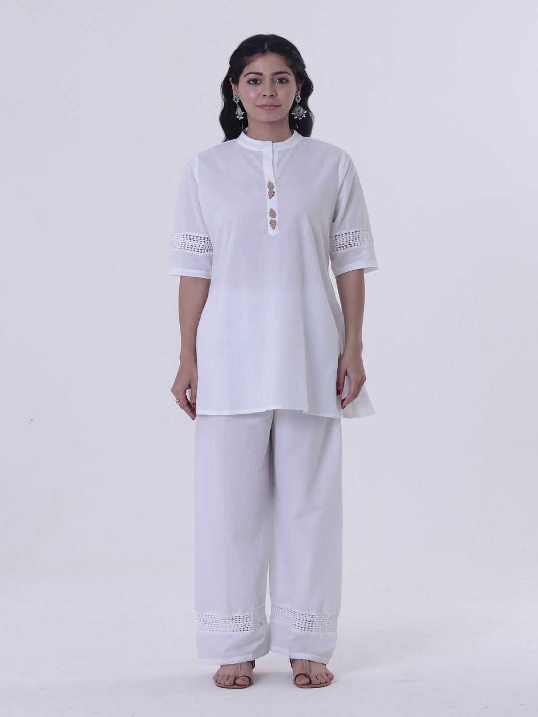 

TJORI Mandarin Collar Cotton Top, White