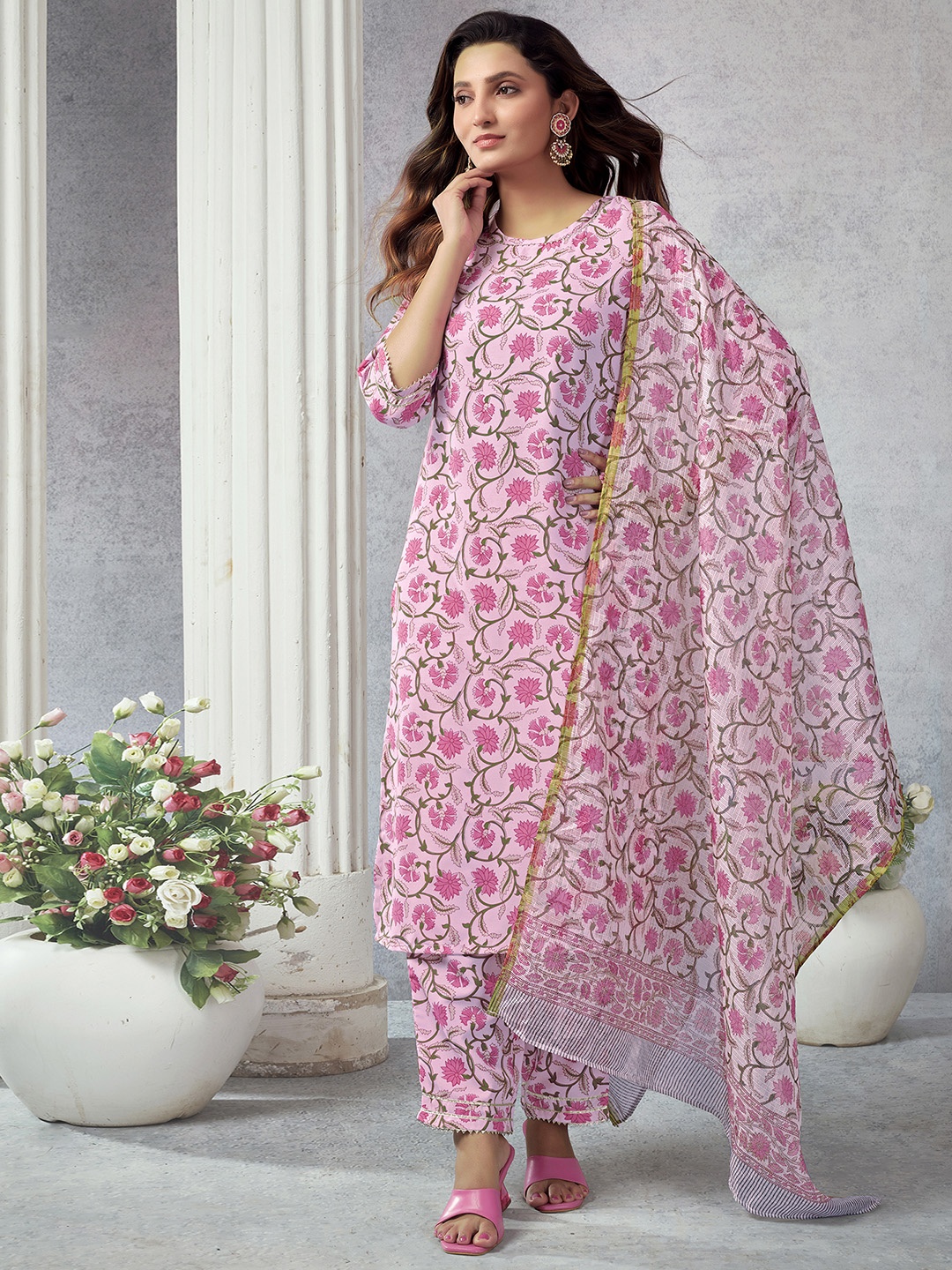 

KALINI Floral Printed Straight Kurta With Trousers & Dupatta, Peach