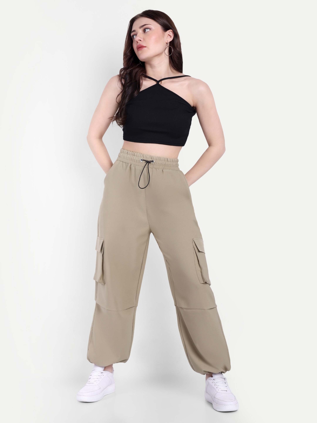 

BROADSTAR Women Baggy-Fit Mid-Rise Joggers, Beige