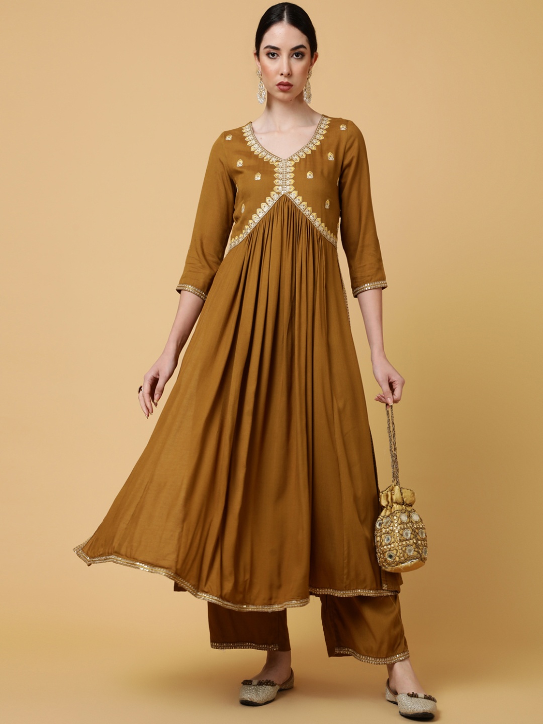 

GULMOHAR JAIPUR Women Ethnic Motifs Embroidered Empire Sequinned Kurta with Palazzos, Brown