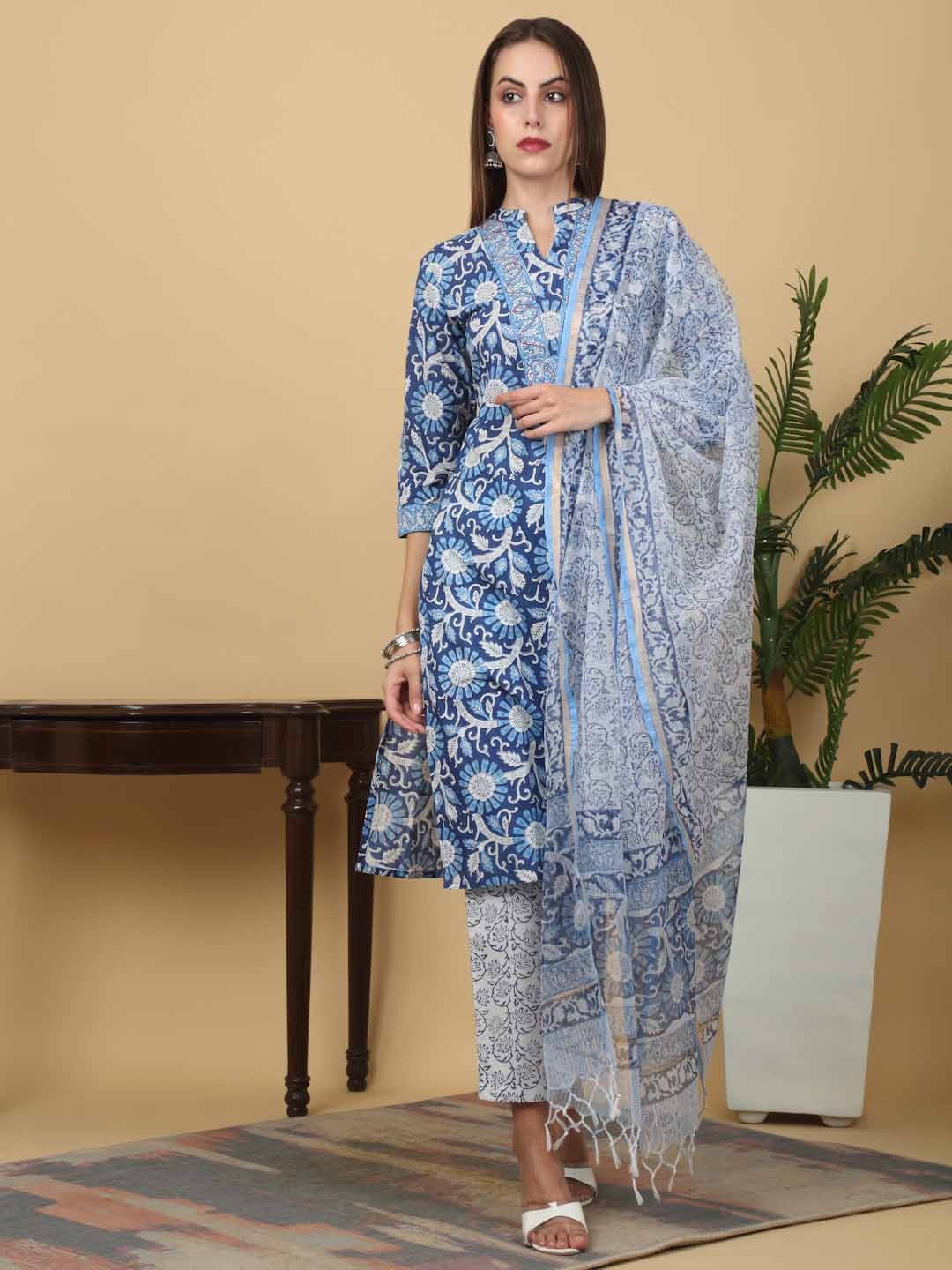 

KALINI Women Floral Printed Regular Pure Cotton Kurta Sets, Blue